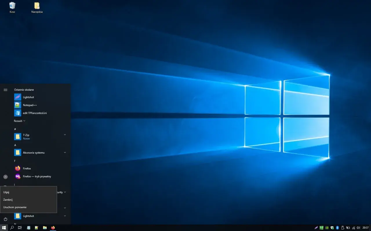 Menu Start Windows 10 z opcjami Uśpij, Zamknij i Uruchom ponownie, sugerujące tryb awaryjny Windows 10.