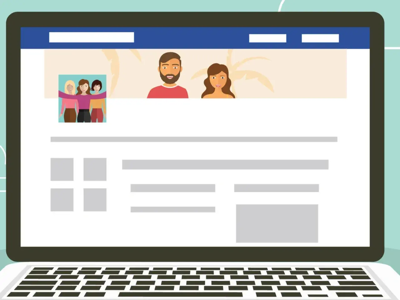 Ilustracja przedstawia ekran laptopa z profilem strony na FB. Dowiedz się, jak zmienić nazwę strony na FB, aby odzwierciedlała Twoją markę.