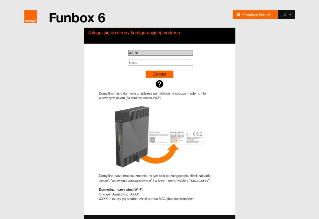 Ekran logowania do Funbox 6. Dowiedz się, jak zmienic haslo Orange Swiatlowod, szukając domyślnego hasła na naklejce modemu.