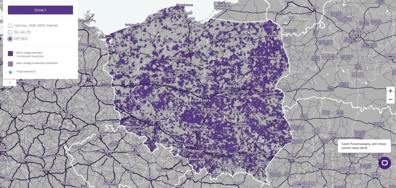 Mapa zasięgu sieci komórkowej w Polsce. Fioletowe plamy pokazują, który operator ma największy zasięg.