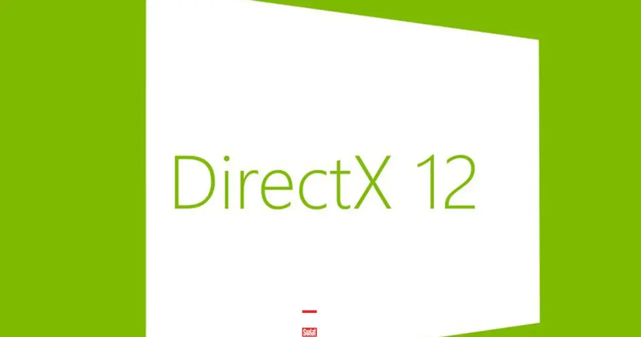 Zielone tło z białym prostokątem, na którym widnieje napis "DirectX 12".