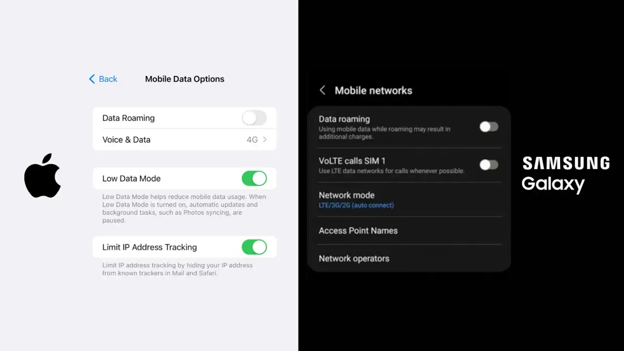 Ustawienia iPhone i Samsung Galaxy pokazują opcje roamingu danych. Dowiedz się, jak wyłączyć roaming w Plusie, aby uniknąć dodatkowych opłat.