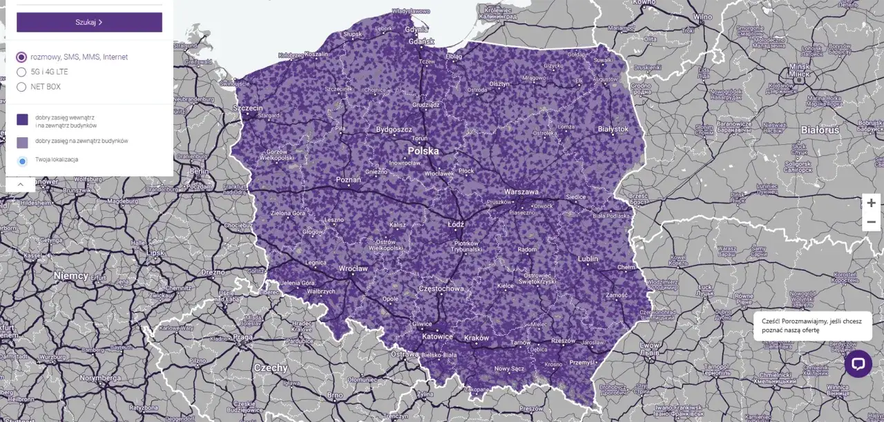 Mapa zasięgu sieci komórkowej w Polsce. Fioletowe obszary oznaczają dobry zasięg wewnątrz i na zewnątrz budynków, jasnofioletowe – tylko na zewnątrz.