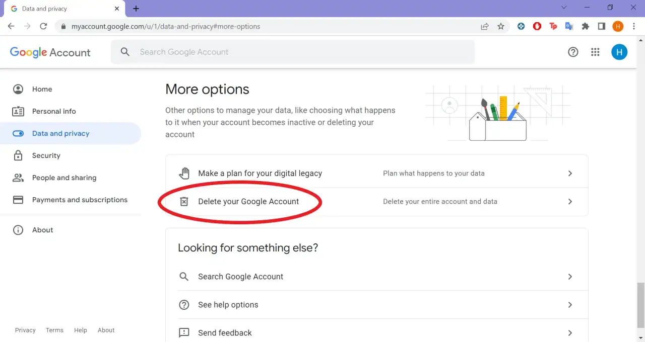 Ekran konta Google, opcja 
