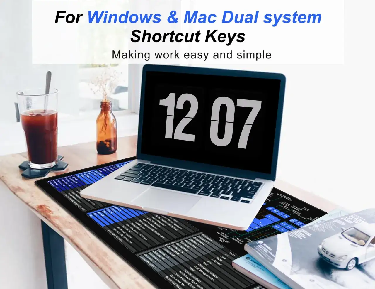 Podkładka pod laptopa z wypisanymi skrótami klawiszowymi dla Windows i Mac. Ułatwia pracę, pokazując kombinacje klawiszy.
