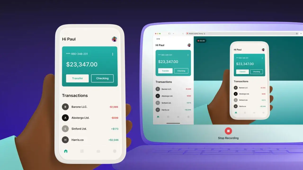 Interfejs aplikacji bankowej na telefonie i tablecie, prezentujący saldo i transakcje. Dobry przykład projektowania zorientowanego na użytkownika (HCI).
