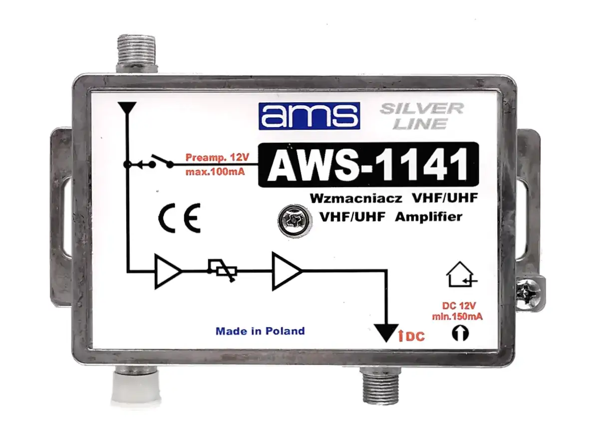 Wzmacniacz sygnału antenowego AWS-1141, idealny, by wzmocnić sygnał anteny pokojowej DVB-T. Zasilanie 12V.
