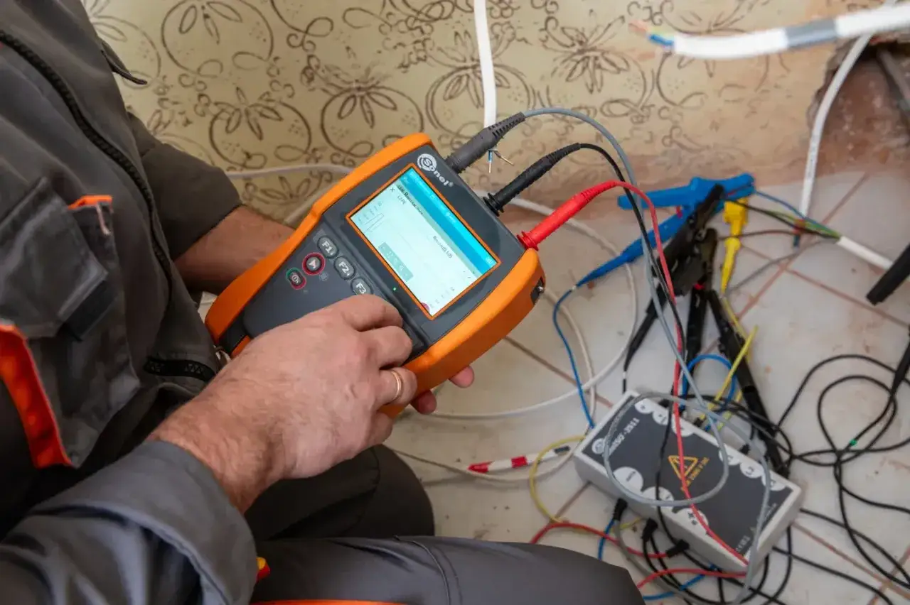Elektryk wykonuje pomiar rezystancji izolacji za pomocą miernika Sonel. Urządzenie podłączone jest do przewodów elektrycznych.