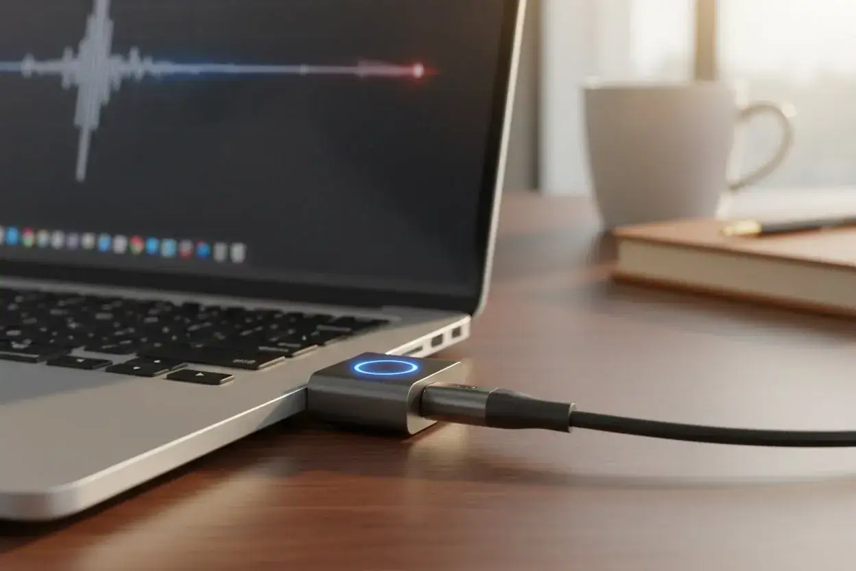 Adapter podłączony do laptopa, pokazujący jak podłączyć słuchawki z mikrofonem do PC. Na ekranie widać wykres dźwięku.