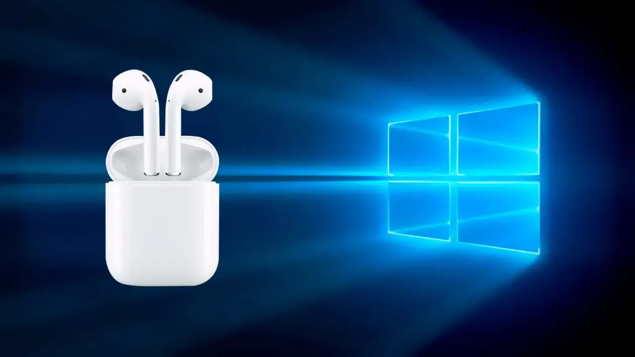 AirPods w etui na tle logo Windows. Dowiedz się, jak połączyć AirPods z Windowsem, aby cieszyć się muzyką bezprzewodowo.