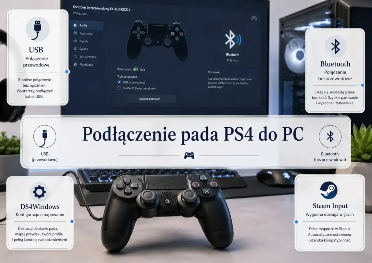 Jak podłączyć pada do PC przez Bluetooth? Poradnik pokazuje połączenie przewodowe i bezprzewodowe, DS4Windows i Steam Input.