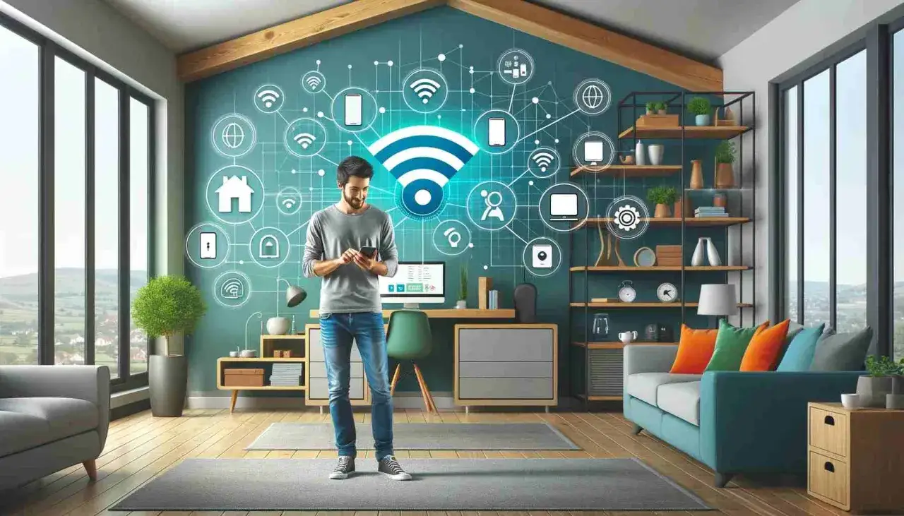 Mężczyzna z telefonem w ręku, zastanawia się, jak sprawdzić kto korzysta z mojego wifi. Sieć domowa z ikonami urządzeń.