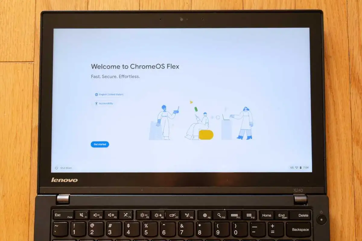 Ekran powitalny ChromeOS Flex na laptopie Lenovo. Szybko, bezpiecznie i bez wysiłku poznaj możliwości tego systemu.