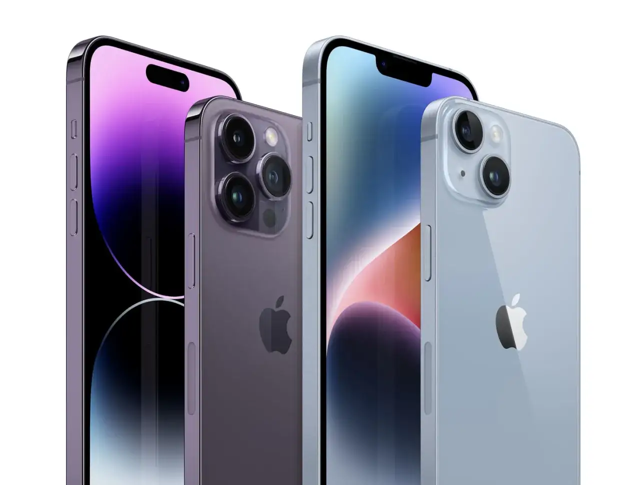 Trzy iPhone'y 14 Pro w różnych kolorach. Zastanawiasz się nad wymianą baterii iPhone 14 Pro?