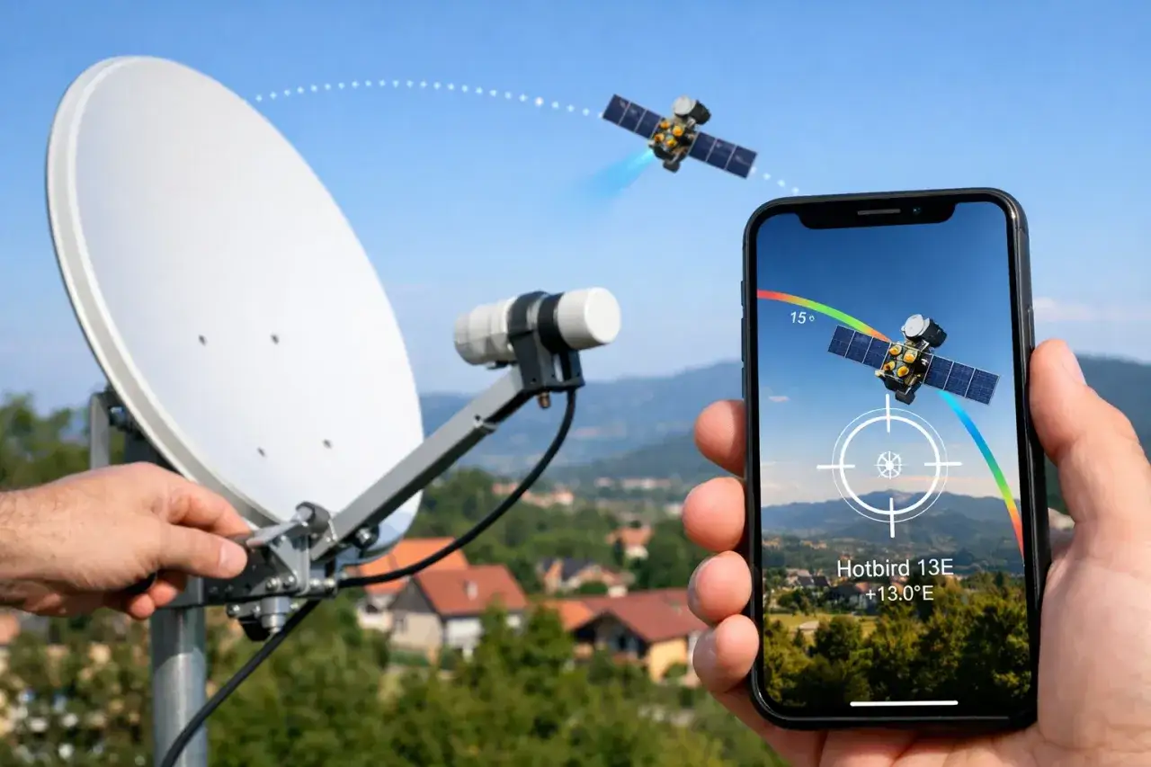 Ustawianie anteny satelitarnej NC+ z pomocą aplikacji na telefonie. Widok satelity i wskaźnik sygnału.