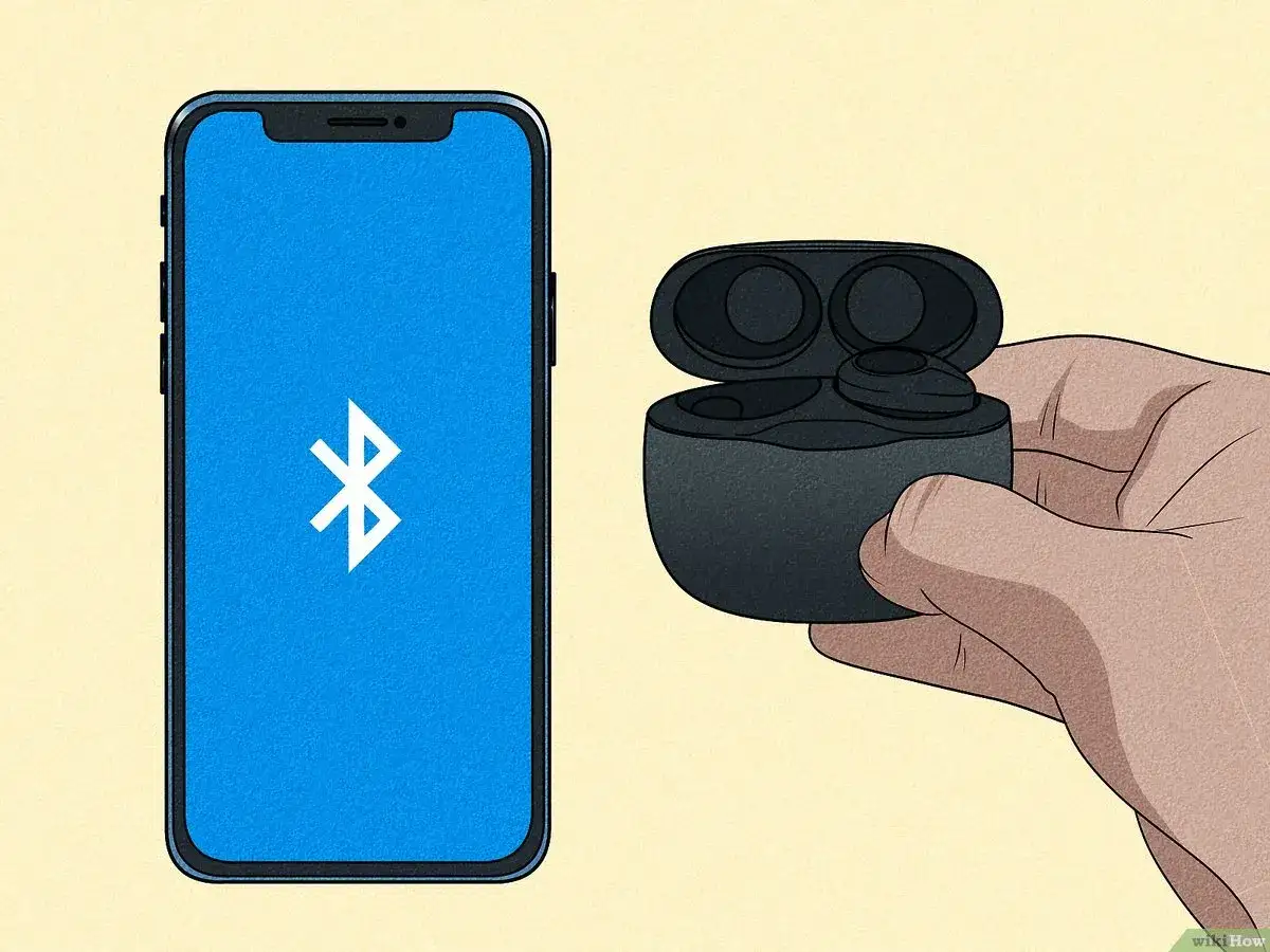 Telefon z ikoną Bluetooth i ręka trzymająca etui ze słuchawkami. Prosty sposób, jak sparować słuchawki JBL.