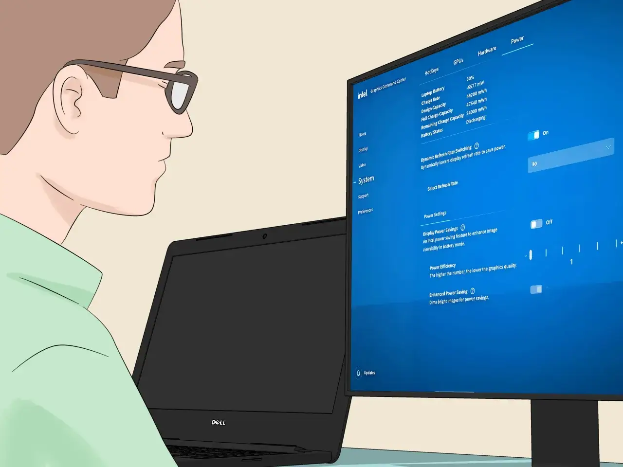 Osoba w okularach patrzy na czarny ekran w laptopie, gdzie wyświetlane są ustawienia zasilania w centrum sterowania grafiką Intel.