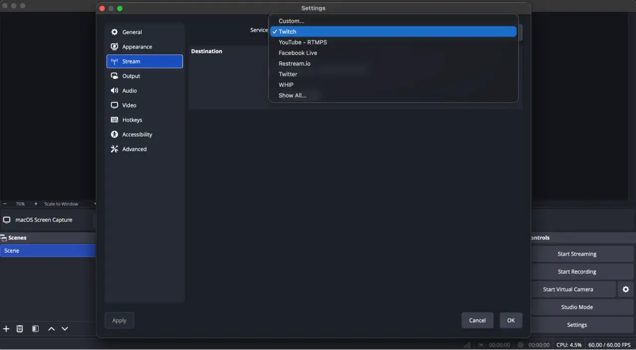 Ustawienia programu do nagrywania ekranu. Wybrano Twitch jako usługę docelową.
