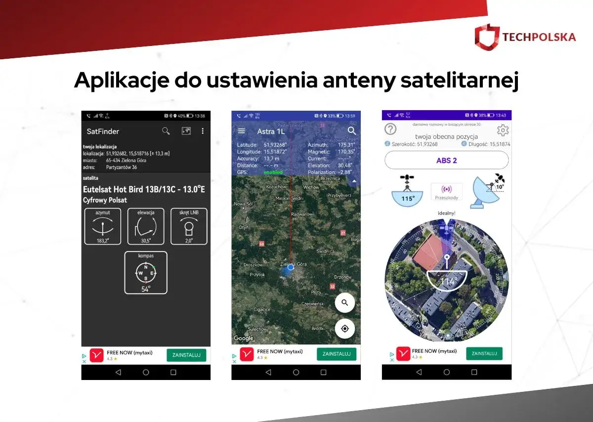 Aplikacje pomagają ustawić antenę telewizji naziemnej. Pokazują azymut, elewację i kompas.