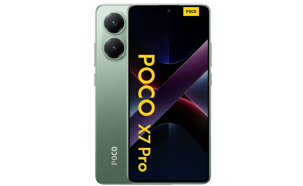 Zielony POCO X7 Pro, świetny wybór, jeśli szukasz jaki telefon do 2000 zł. Ma dwa obiektywy aparatu i logo POCO.