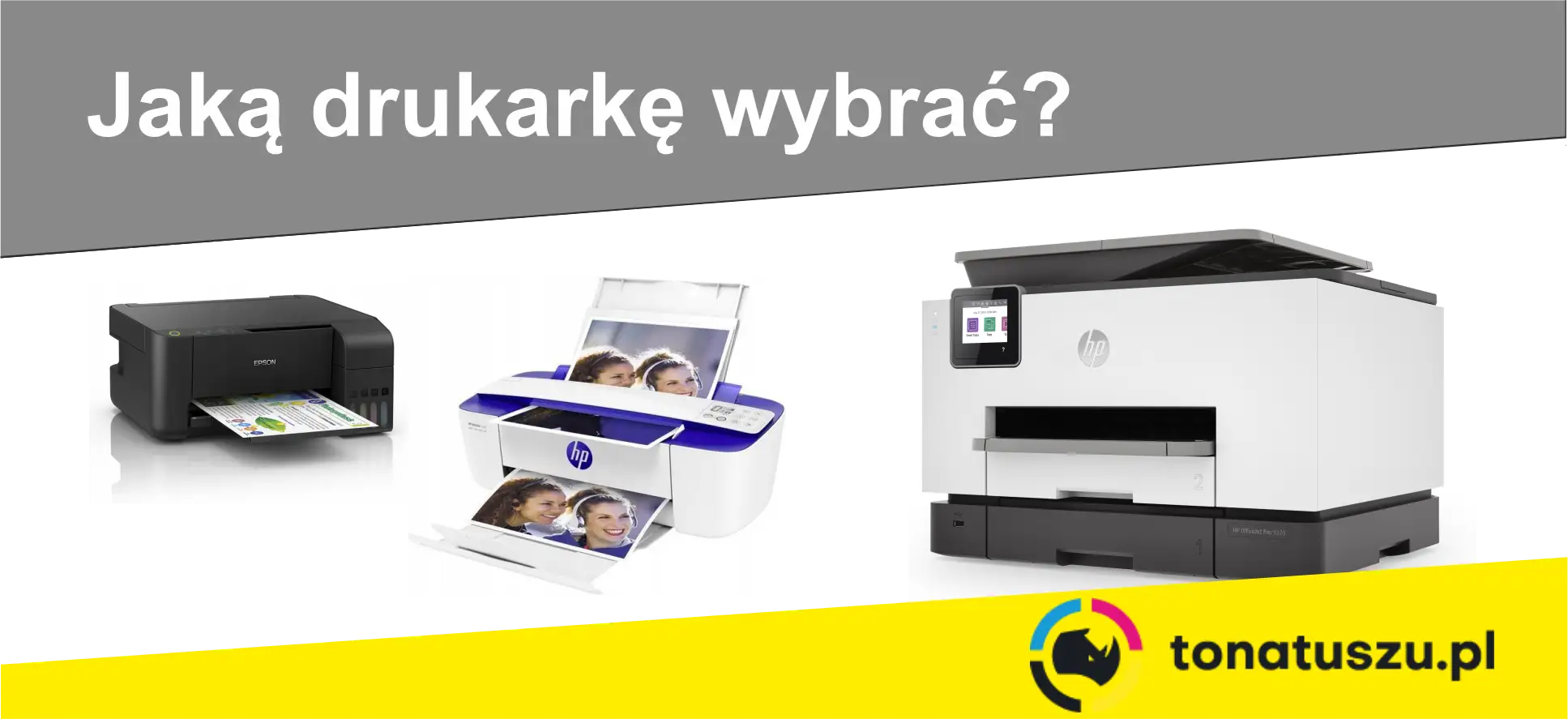 Porównanie drukarki laserowej i atramentowej: Epson, HP OfficeJet Pro 9020 i drukarka HP z kolorowym drukiem zdjęć.