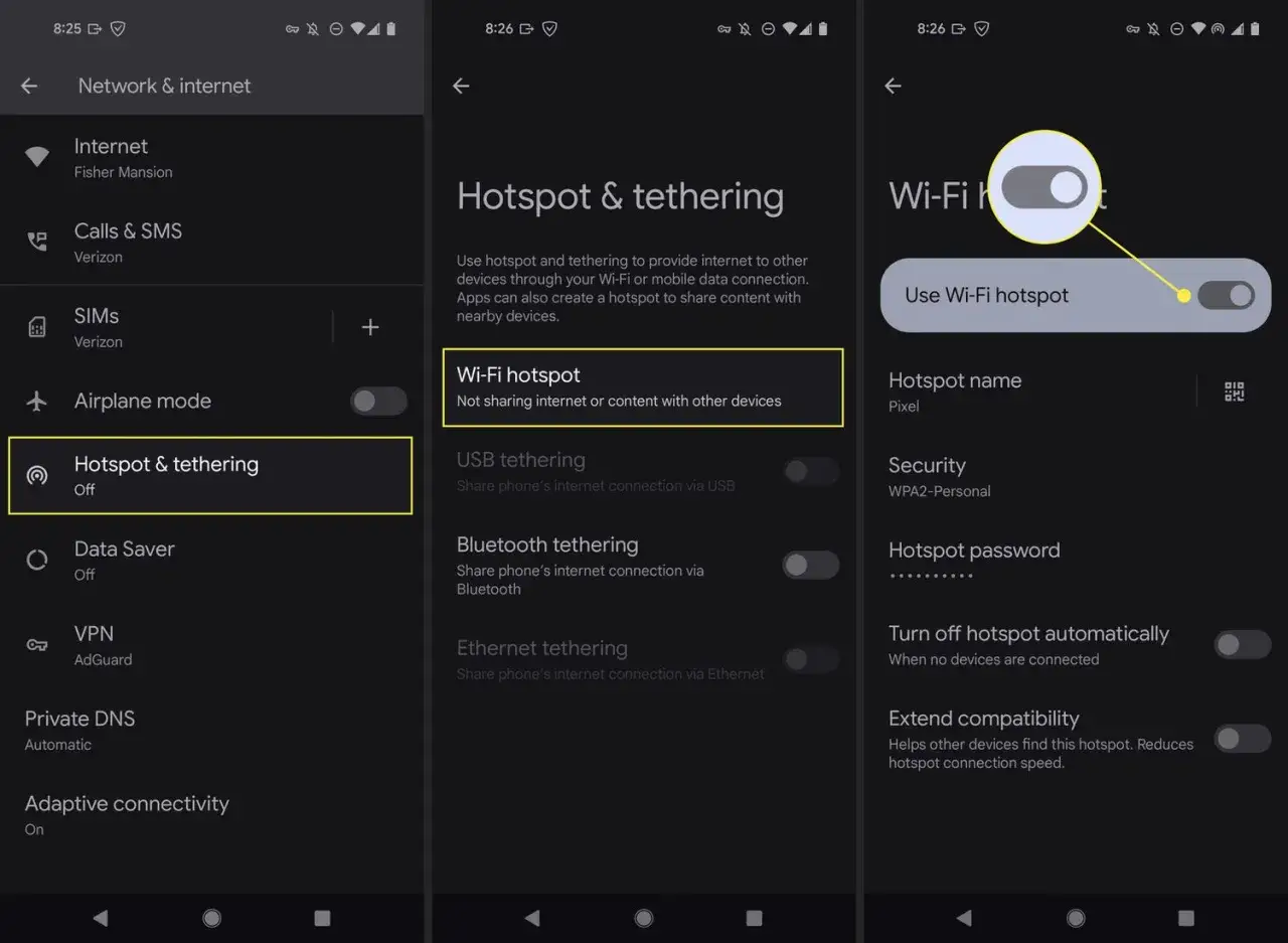 Ustawienia telefonu: Hotspot & tethering. Możesz udostępnić internet przez Wi-Fi, USB lub Bluetooth.