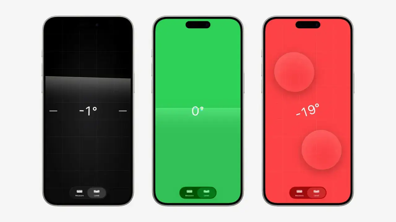 Trzy telefony pokazują aplikację poziomica. Pierwszy -1°, drugi 0°, trzeci -19°.