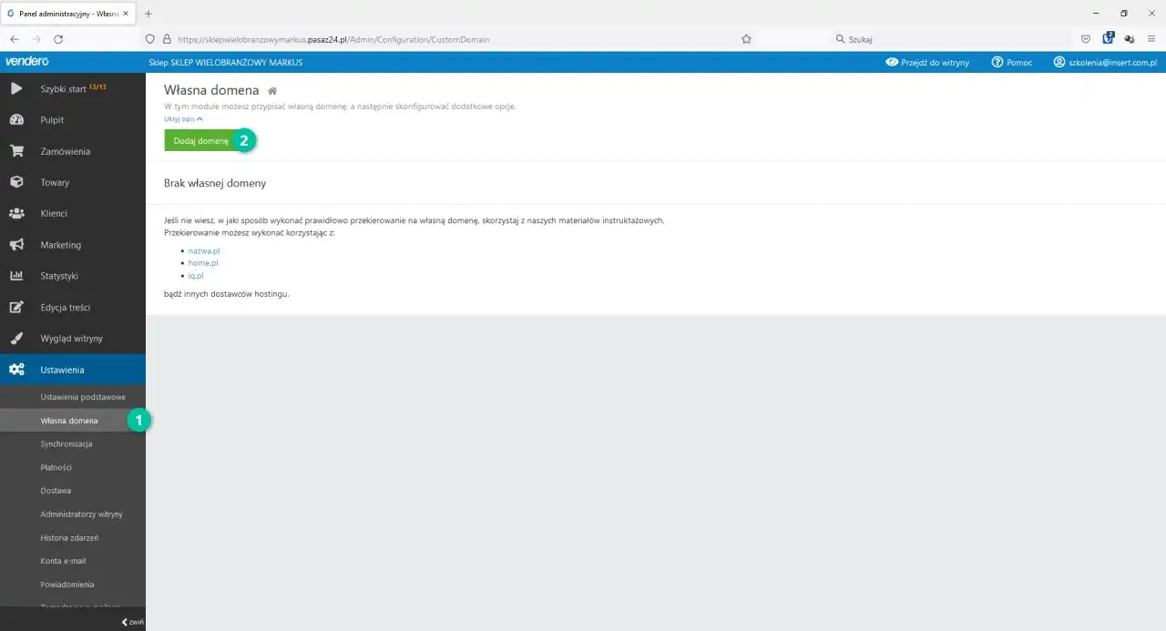 Panel administracyjny sklepu, sekcja 