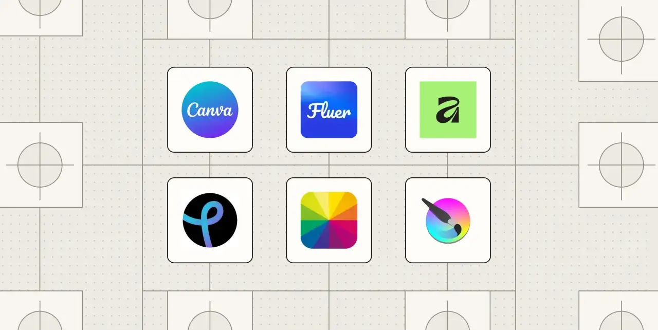 Szukasz alternatyw dla photoshop za darmo? Zobacz ikony aplikacji graficznych: Canva, Fluer, Affinity Designer, Pixelmator, Krita, Procreate.