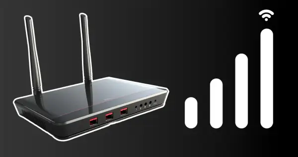 Router z antenkami i ikoną sygnału Wi-Fi. Dowiedz się, jak podłączyć wzmacniacz wifi do routera, by mieć lepszy zasięg.
