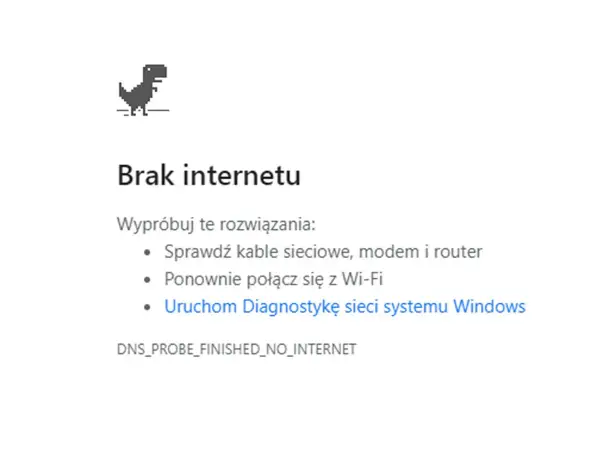 Dinozaur z gry w przeglądarce skacze, bo jest brak internetu. Wyświetlono komunikat o problemach z połączeniem i sugestie rozwiązań.